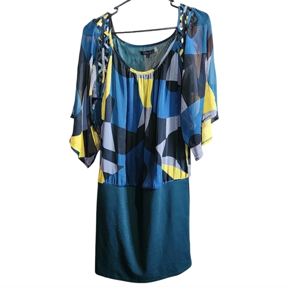 Anthropologie Lulumari Geometric Print Dress Lattice Sleeve Midi Large Boho Chic